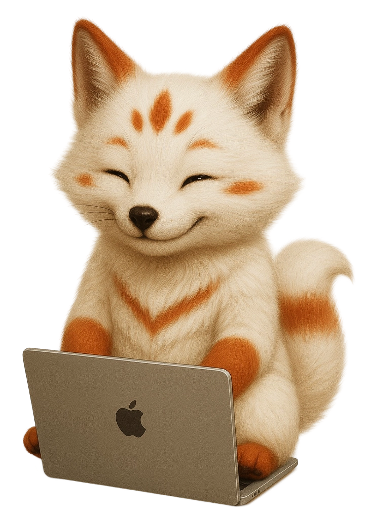 imagen de kento la mascota de bout club delante de un ordenador